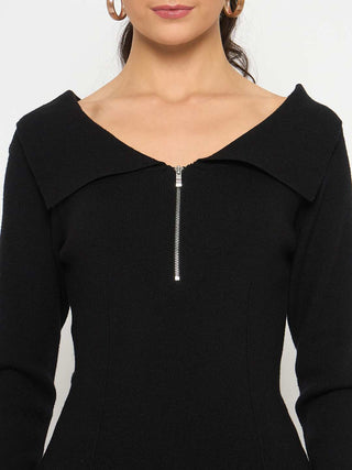 Madame Viscose Blend Open Shoulder With Zip Black Top
