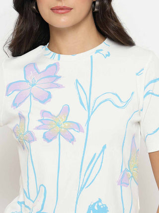 Madame Floral Print Sequin Detailed White T-Shirt