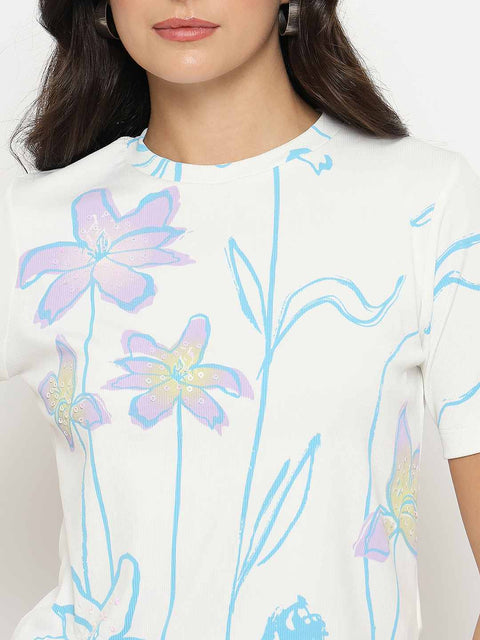 Madame Floral Print Sequin Detailed White T-Shirt