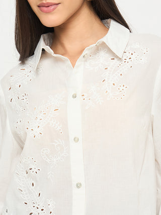 Madame Embroidered and Ruffle Trim Detailed White Cotton Shirt