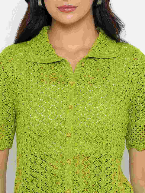Madame Scalloped Hem Mehendi Green Knitted Polo Top