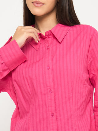 Madame Tie-Cuff Detail Striped Hot Pink Cotton Shirt