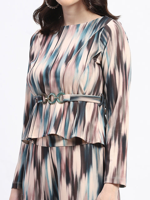 Madame Knit Moss Printed Belted Top And Bottom Beige Co-Ord Set