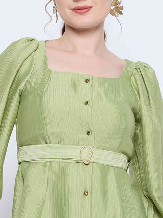 Madame Green Rayon Blend Square Neck Belted Button Front Top