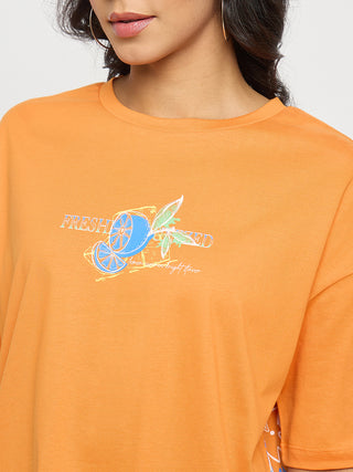 Madame Front and Back Graphic Print Orange Cotton T-Shirt