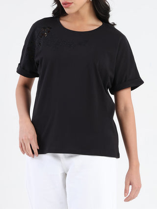 Madame Embroidery Cutwork Detail Solid Black Cotton T-shirt