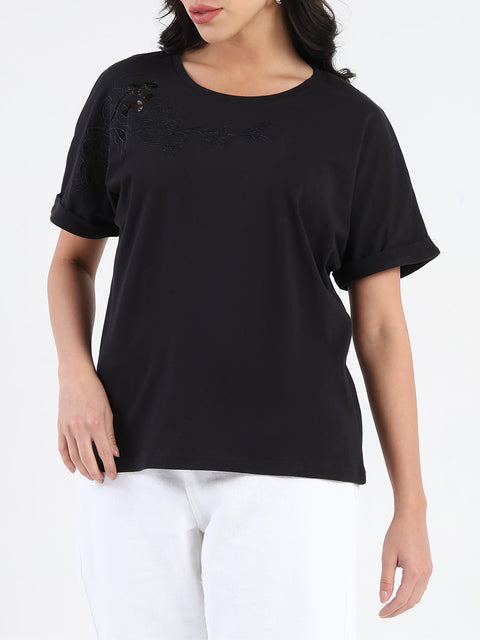 Madame Embroidery Cutwork Detail Solid Black Cotton T-shirt