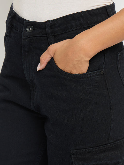 Madame Multi Pocketed Black Straight Cotton Denim Cargo