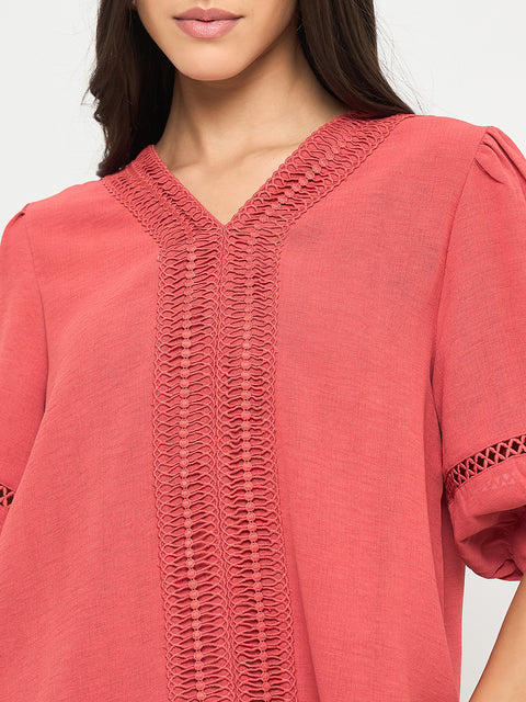 Madame Lace Detailed V-Neck Solid Red Knit Top