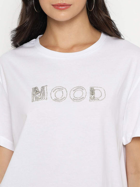 Madame Embellished Typography White Cotton T-shirt