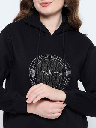 Madame Graphic Print Loose Fit Black Hooded Sweatshirt