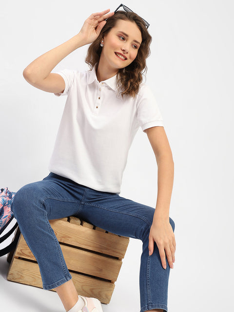 Madame White Polo Neck Solid Cotton T-Shirt