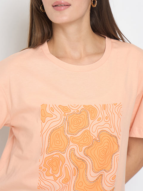 Madame Graphic Print Embellished Peach Sinker Tshirt