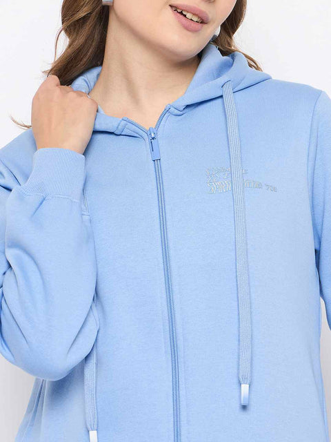 Madame Fleece Placement Printed Zipped Powder Blue Hooded Sweatshirt