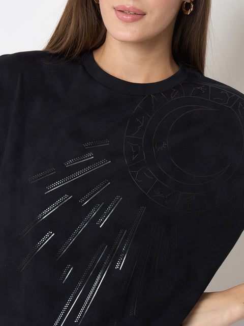 Madame Swarovski Detailed Graphic Print Charcoal Black Tshirt