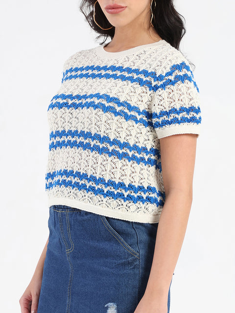 Madame Striped Crocheted Beige Cotton Crop Top