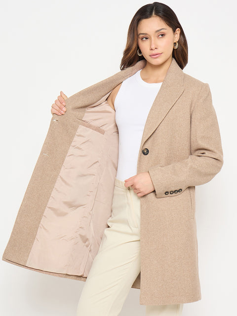 Madame Lapel Notch Collar Beige Long Coat with Buttons