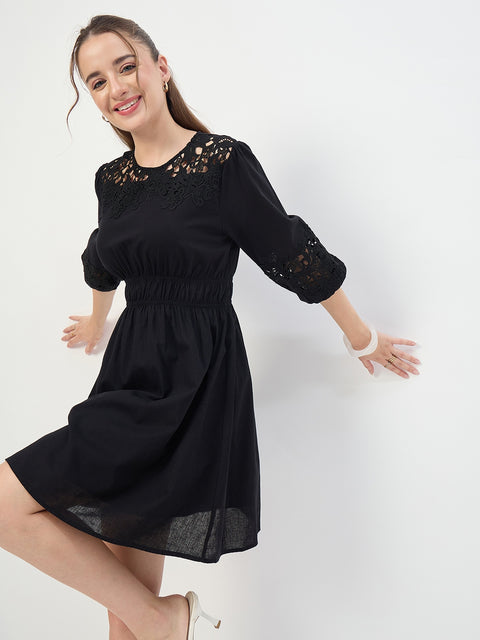 Madame Black Puff Sleeve Cotton Mini Dress