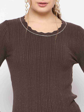 Madame Scalloped Neck Solid Brown Sweater