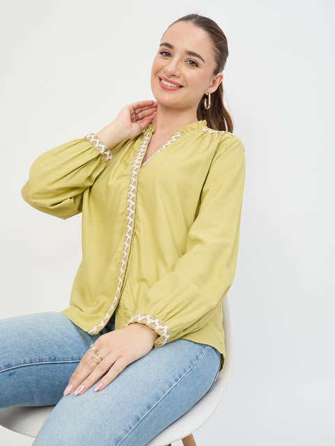 Madame Lime Viscose Embroidery Trim Sleeveless Top