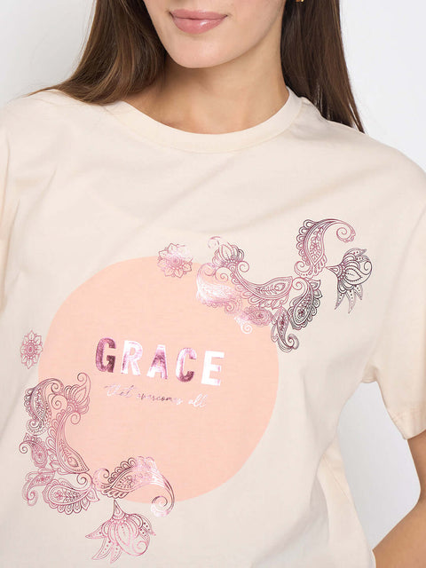 Madame Sinker Graphic Print Foil Detailed Beige Tshirt
