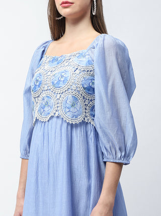 Madame Printed Powder Blue Tencel Blend Crochet Midi Dress