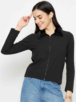 Madame Fur Trimmed Black Zipped Top