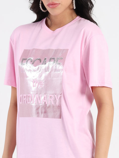 Madame Swarovski Detailed Graphic Print Pink Cotton T-shirt