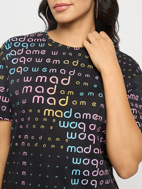 Madame All Over Print Black Cotton T-shirt