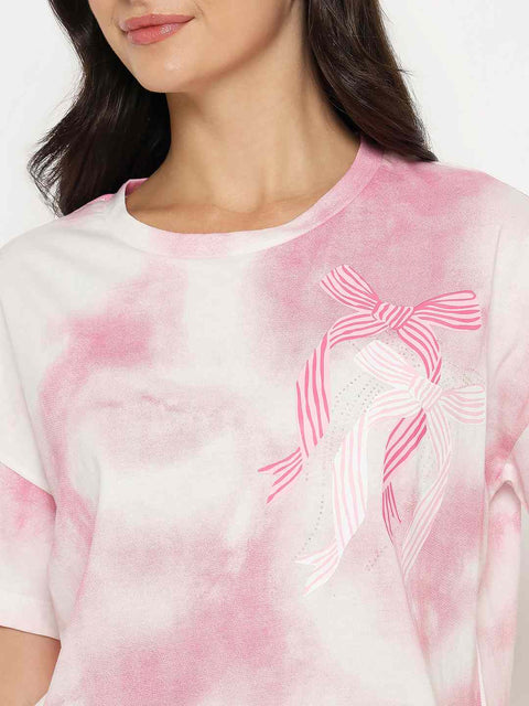 mSECRET Tie and Dye Top and Bottom Printed Pink Night Suit