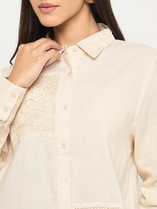Madame Patchwork and Lace Detailed Beige Cotton Shirt