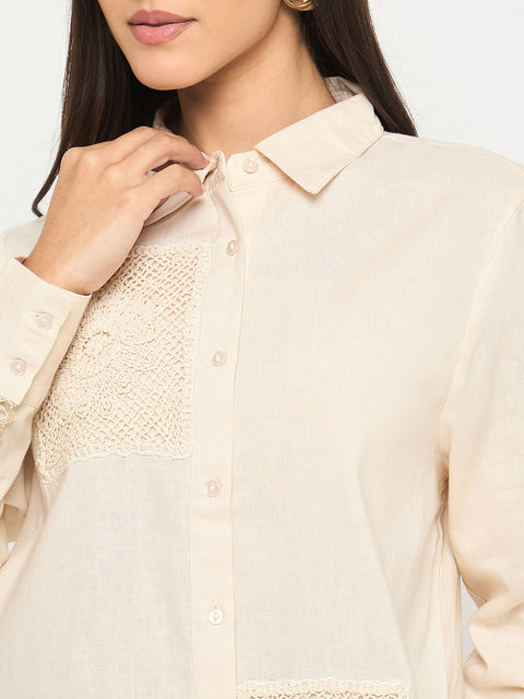 Madame Patchwork and Lace Detailed Beige Cotton Shirt