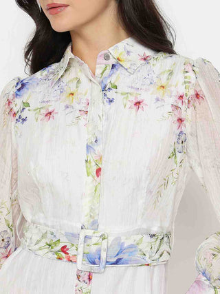 Madame Floral Print Belted White Shirt Dress