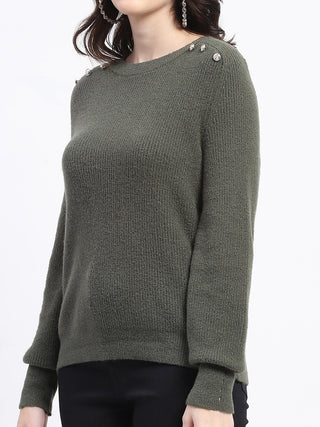 Madame Button Detailed Solid Olive Knitted Sweater