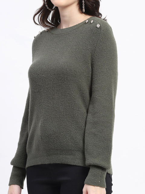 Madame Button Detailed Solid Olive Knitted Sweater