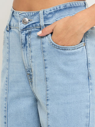 Madame Pintuck Detailed Bright Blue Cotton Blend Jeans
