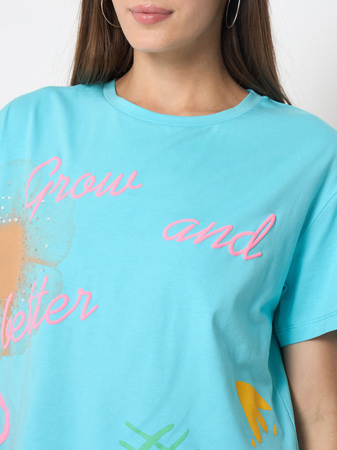 Madame Handwork and Embroidery Detail Aqua Blue T-shirt
