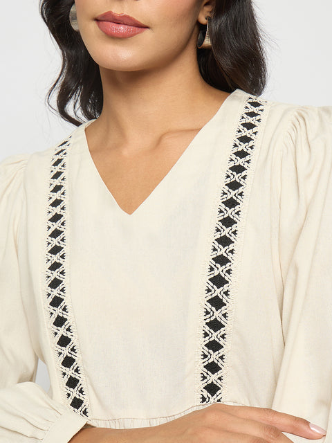 Madame Geometric Pattern Embroidery Rayon Blend Off White Top