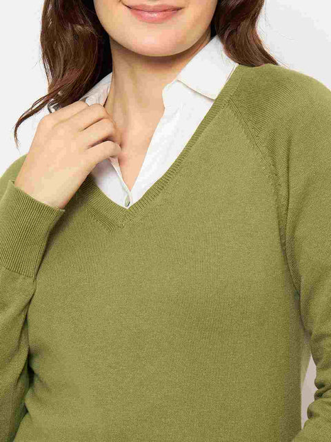 Madame V Neck Skinny Fit Olive Sweater