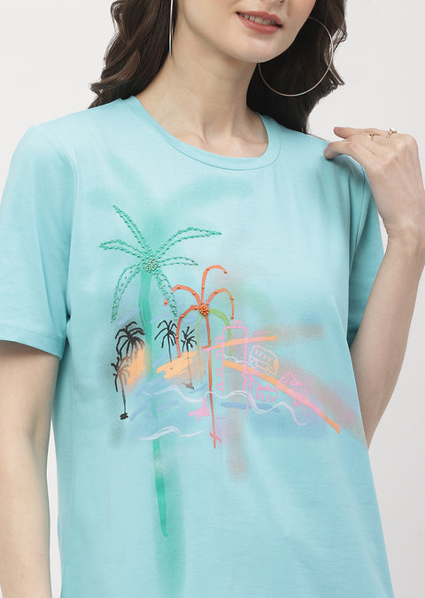 Madame Graphic Print Aqua Blue Regular T- Shirt