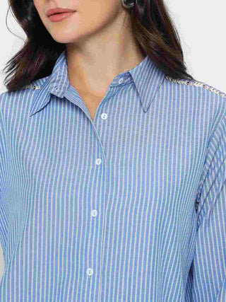 Madame Textured Embroidered Accents Blue Shirt