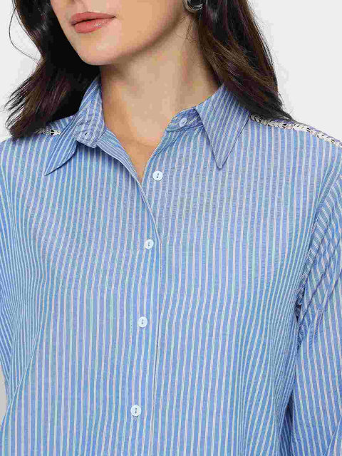 Madame Textured Embroidered Accents Blue Shirt