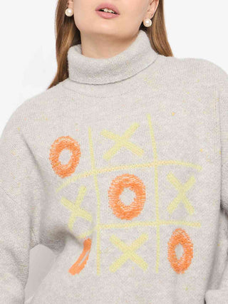 Madame Graphic Printed Turtleneck Grey Sweater