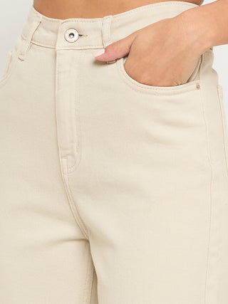Madame Straight Fit Cotton Blend Solid Beige Jeans