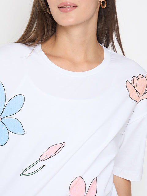 Madame Graphic Print Handwork Detail White Sinker T-shirt