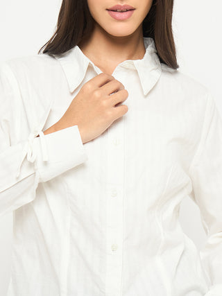 Madame Tie-Cuff Detail Striped White Cotton Shirt