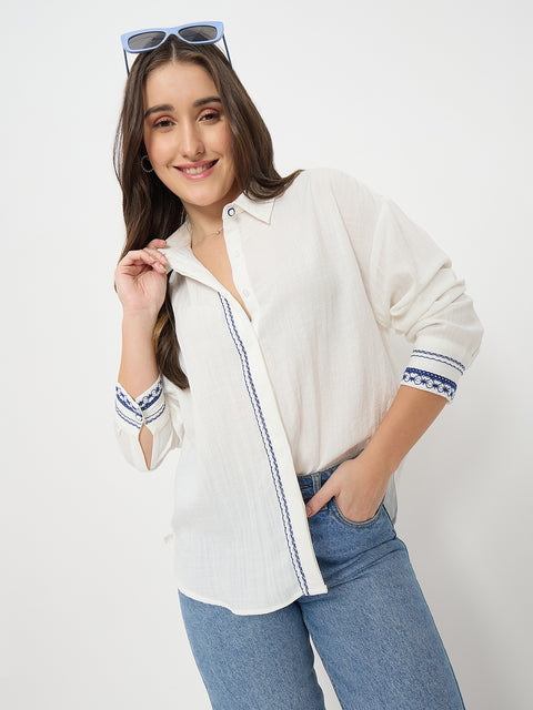 Madame White Textured Rayon Full Sleeve Shirt