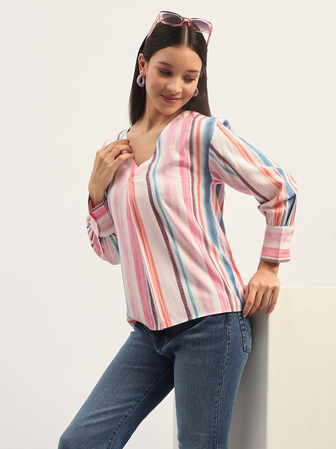 Madame Multicolor Striped V Neck Top