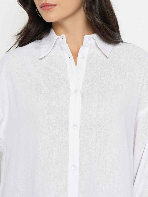 Madame Linen Blend Solid White Shirt