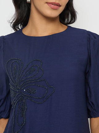 Madame Embellished Rayon Blend Navy Blue Top